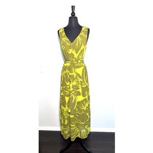 CAbi Dress Green Palm Leaf Print Tropical Maxi Size Small Resort Dinner Party